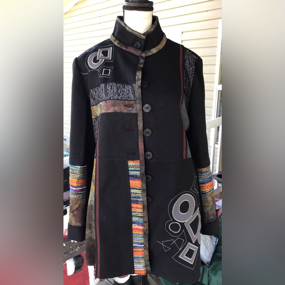 Ali Miles Black Patchwork Button-Front Coat with … - image 1